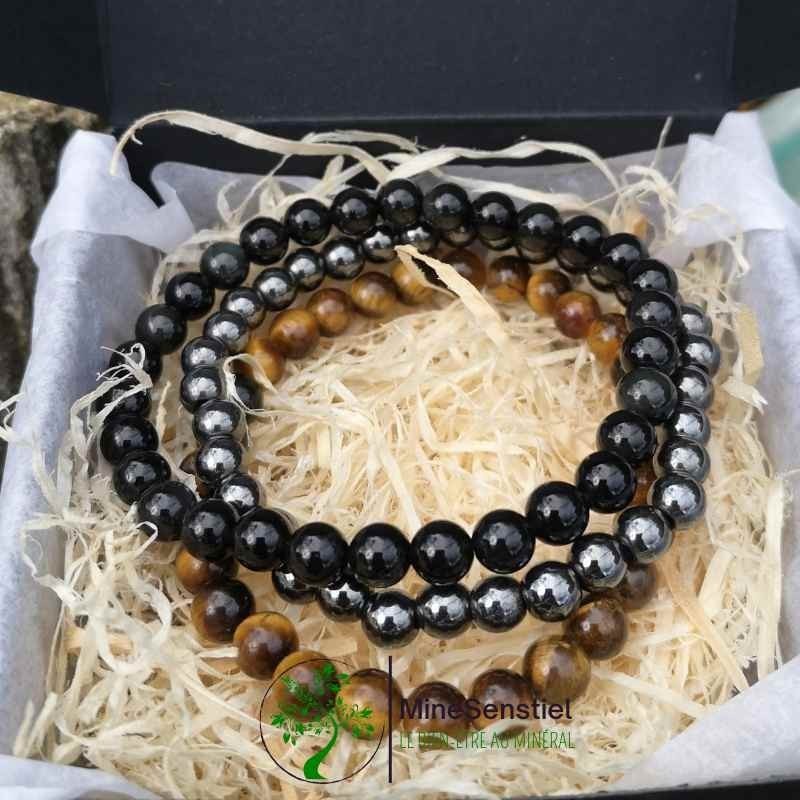 3 Bracelets en Œil de Tigre, Hématite et Obsidienne Œil Céleste pour Elle