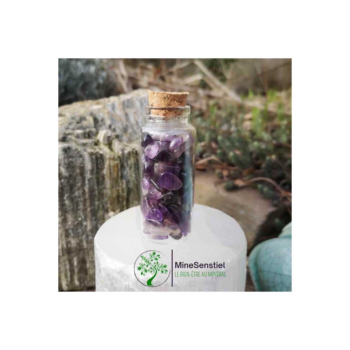 Mini Cristaux d'améthyste avec Fiole en Verre de 30ml - Elixir de cristaux - Eau de lune