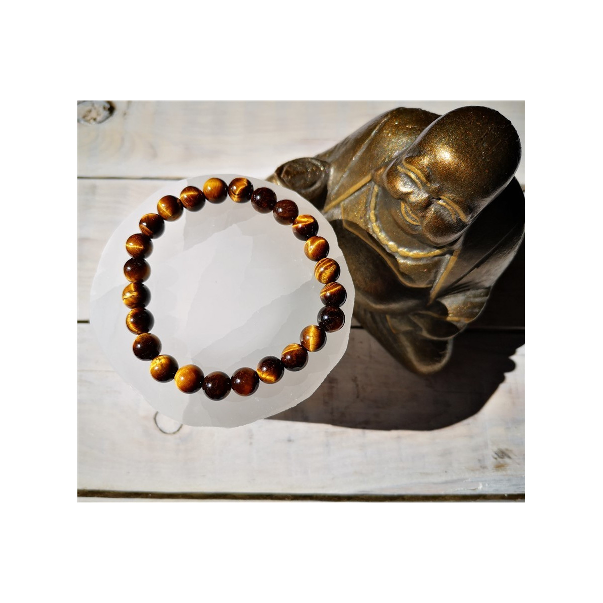 bracelet oeil de tigre 8mm sélénite et bouddha