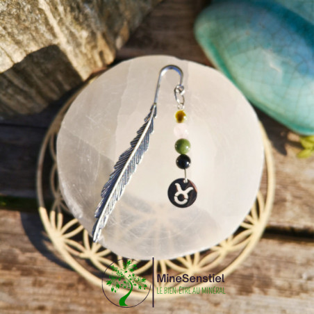 Marque-page Taureau – Préhnite, Quartz Rose, Agate Mousse, Tourmaline Noire