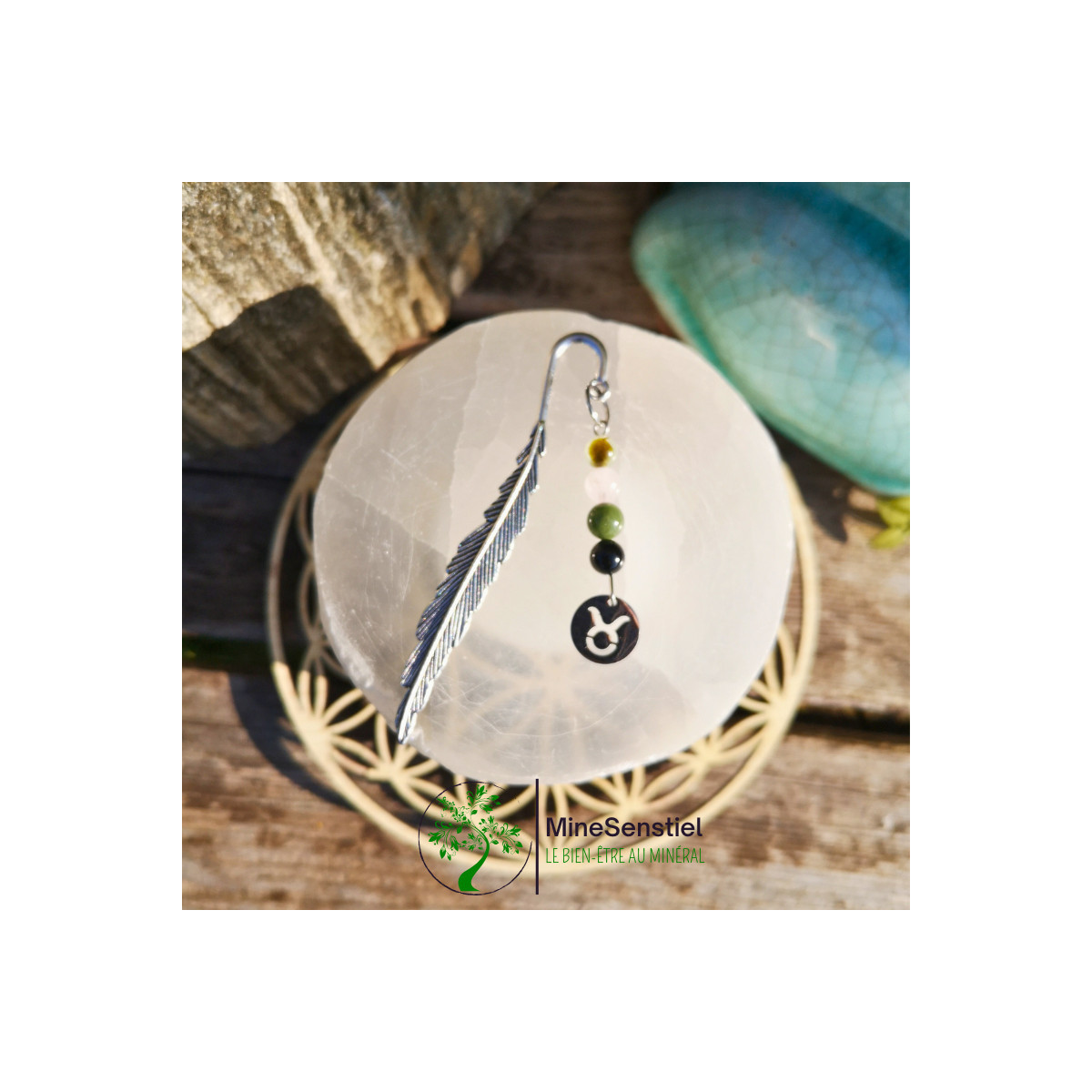 Marque-page Taureau – Préhnite, Quartz Rose, Agate Mousse, Tourmaline Noire