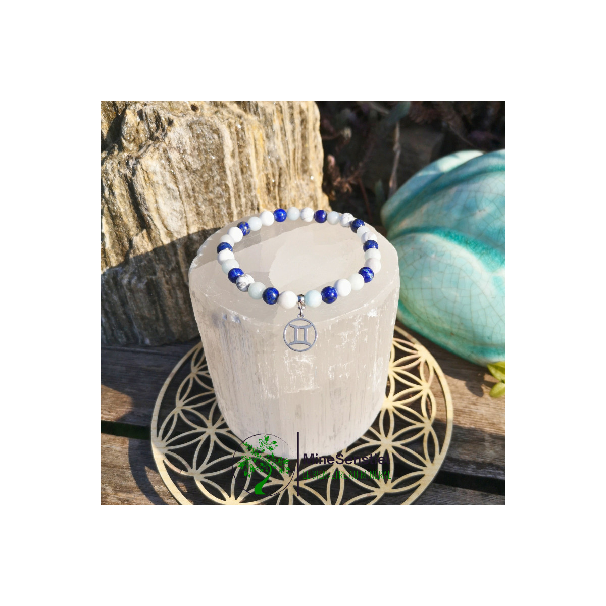 Bracelet Gémeaux en Pierres Naturelles – Howlite, aigue marine et lapis lazuli