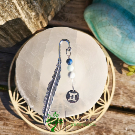 Marque-page Gémeaux – cristal de roche, howlite, aigue marine et lapis lazuli