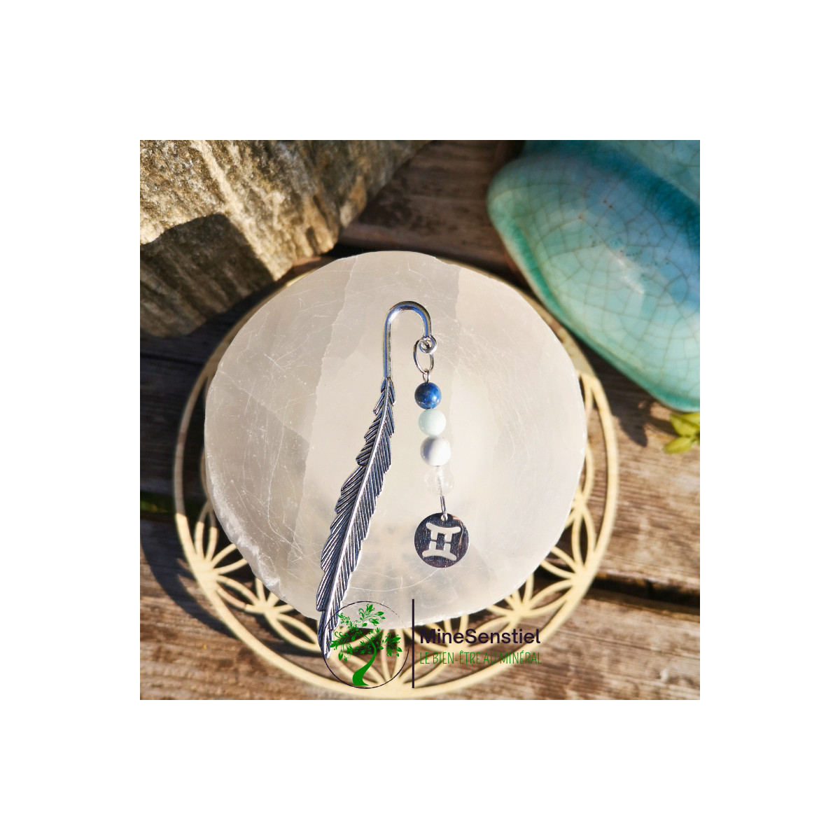 Marque-page Gémeaux – cristal de roche, howlite, aigue marine et lapis lazuli
