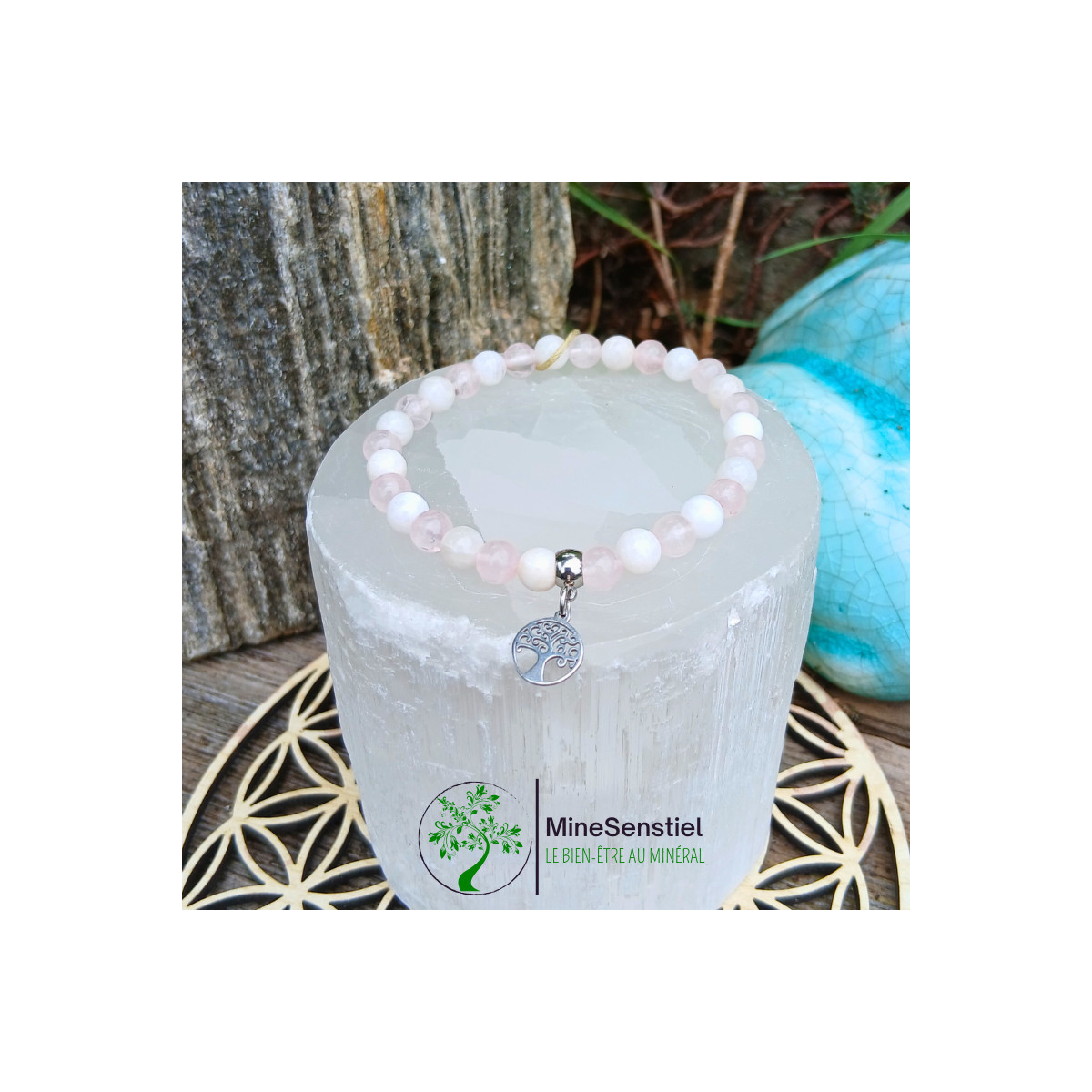 Bracelet Luna Rosa en quartz rose & pierre de lune – Amour & Énergie féminine