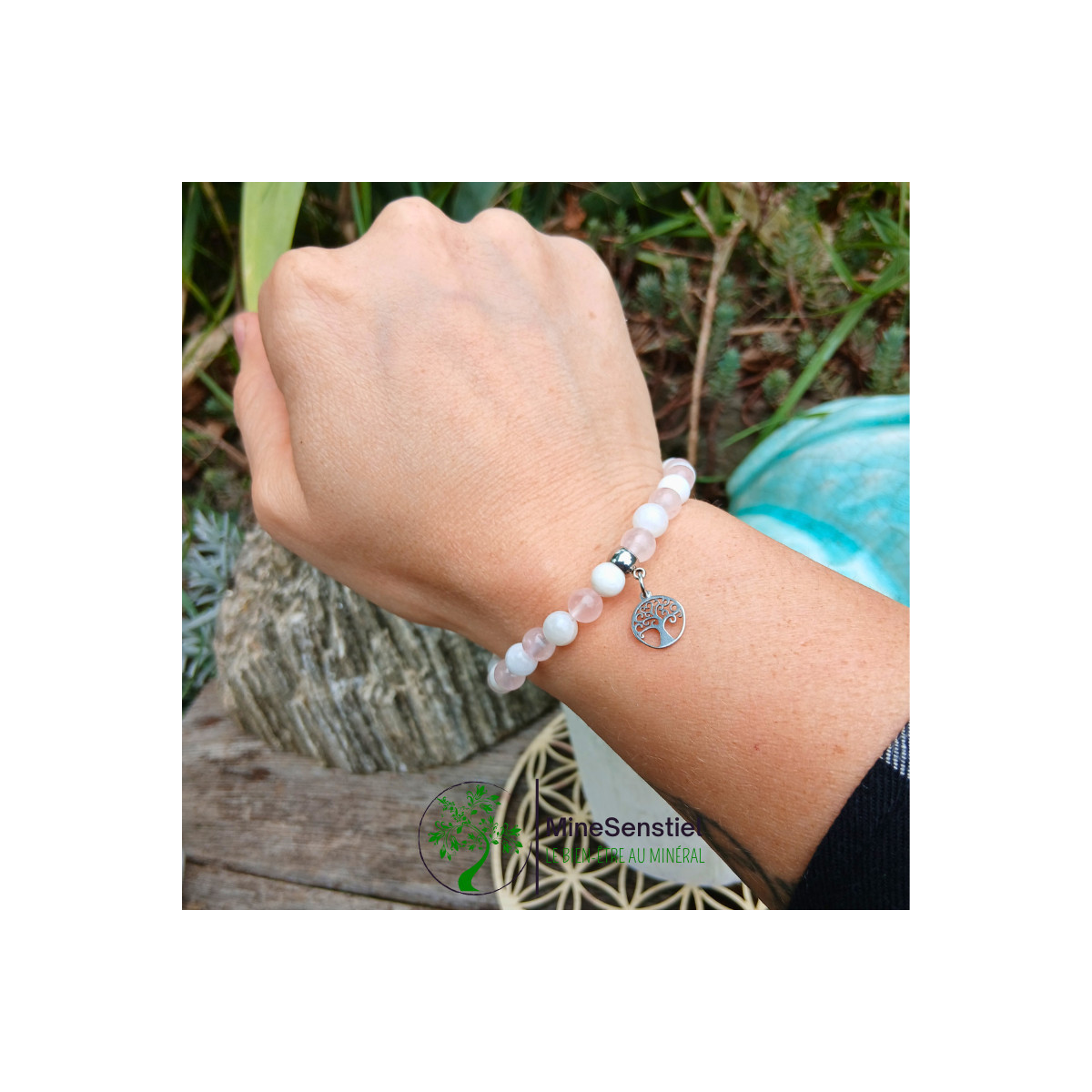 Bracelet Luna Rosa en quartz rose & pierre de lune - arbre de vie