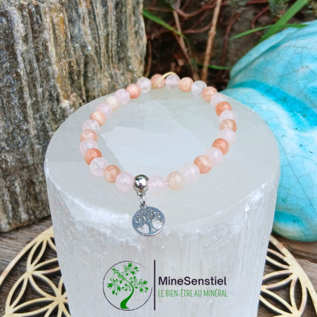 Bracelet Féminin Sacré en quartz rose & pierre de soleil – Amour & rayonnement intérieur