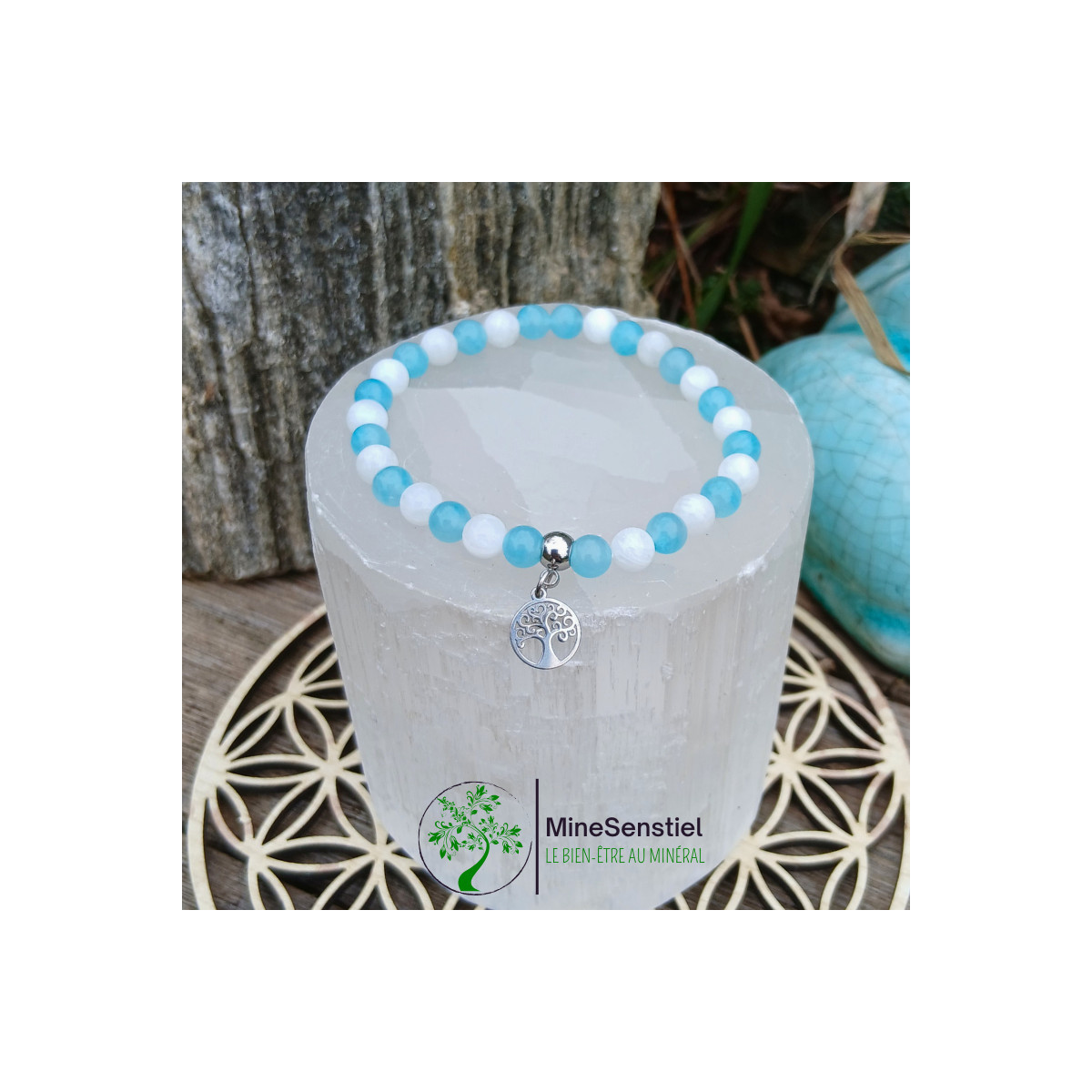 Bracelet amazonite & pierre de lune – Sérénité & Expression du Cœur