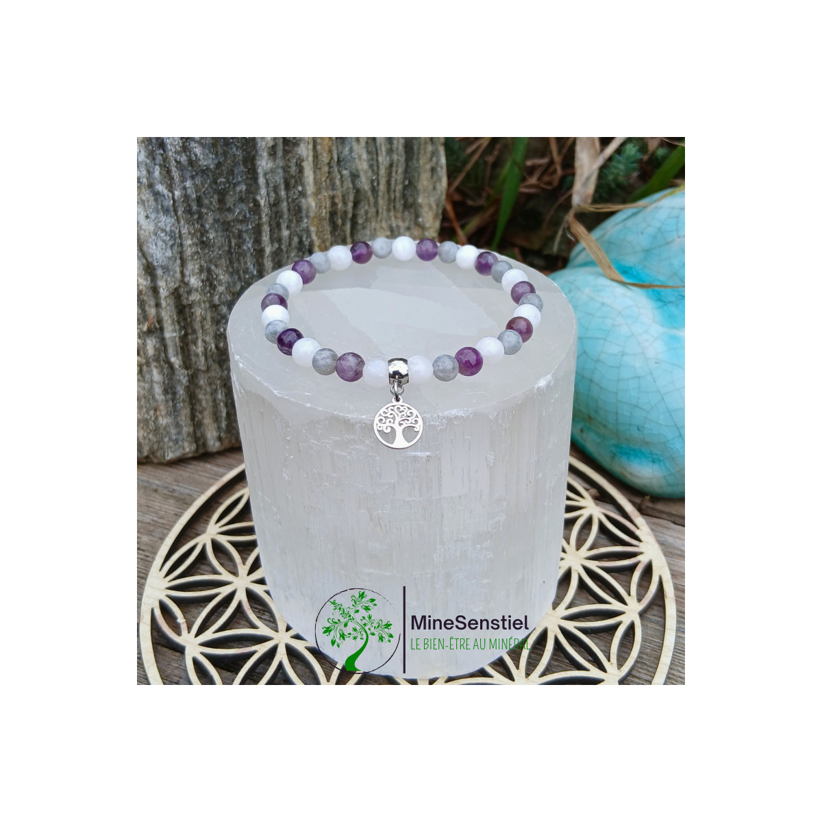 Bracelet Améthyste, Labradorite & Pierre de Lune Blanche