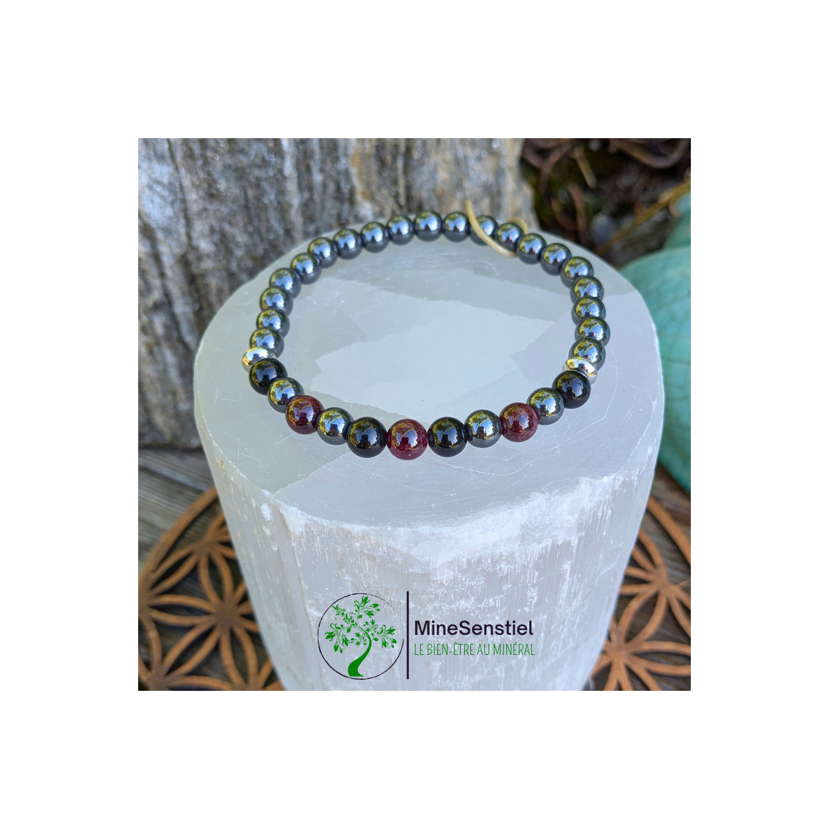 Bracelet chakra racine pierres naturelles grenat tourmaline noire hématite - vue de dessus