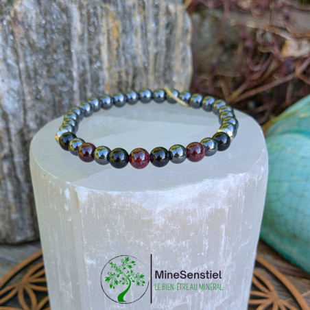 Bracelet chakra racine en grenat, tourmaline noire et hématite - vue de face