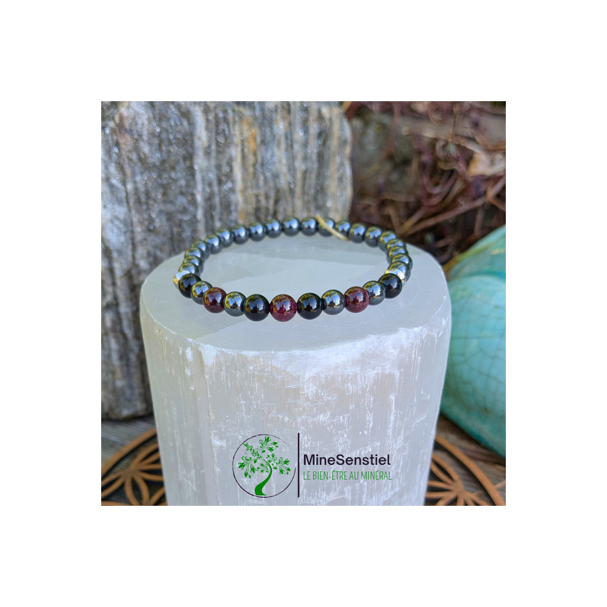 Bracelet chakra racine en grenat, tourmaline noire et hématite - vue de face