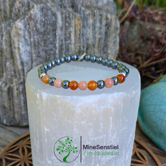 Bracelet chakra sacré en cornaline, pierre de soleil et hématite - vue de face