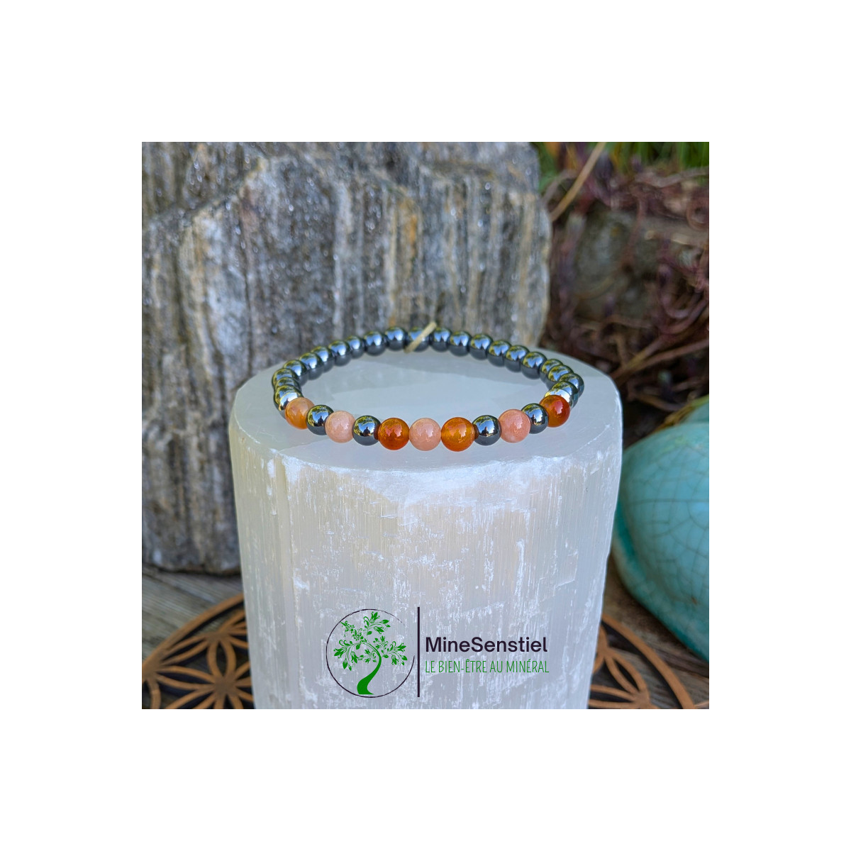 Bracelet chakra sacré en cornaline, pierre de soleil et hématite - vue de face