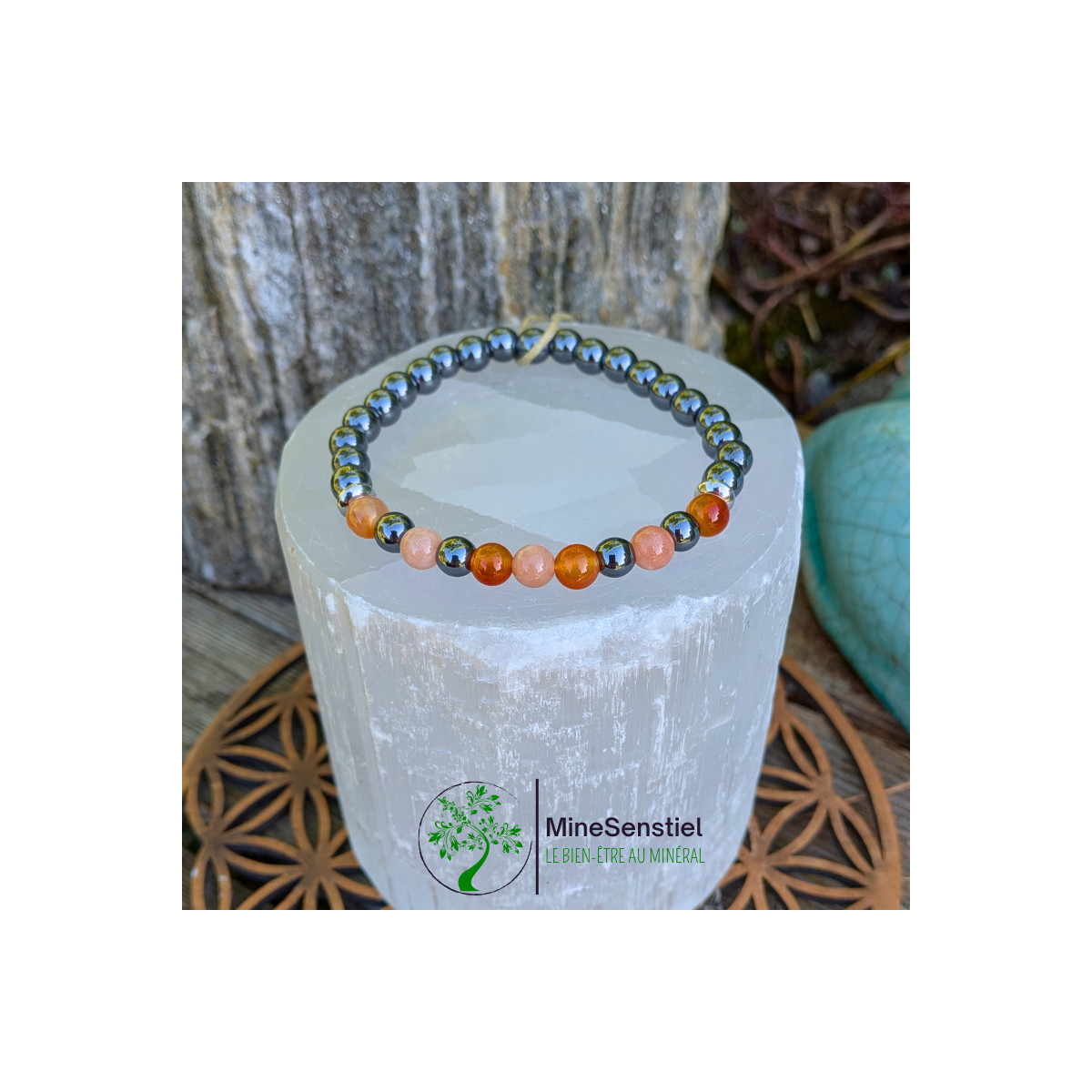 Bracelet chakra sacré en cornaline, pierre de soleil et hématite - vue de haut