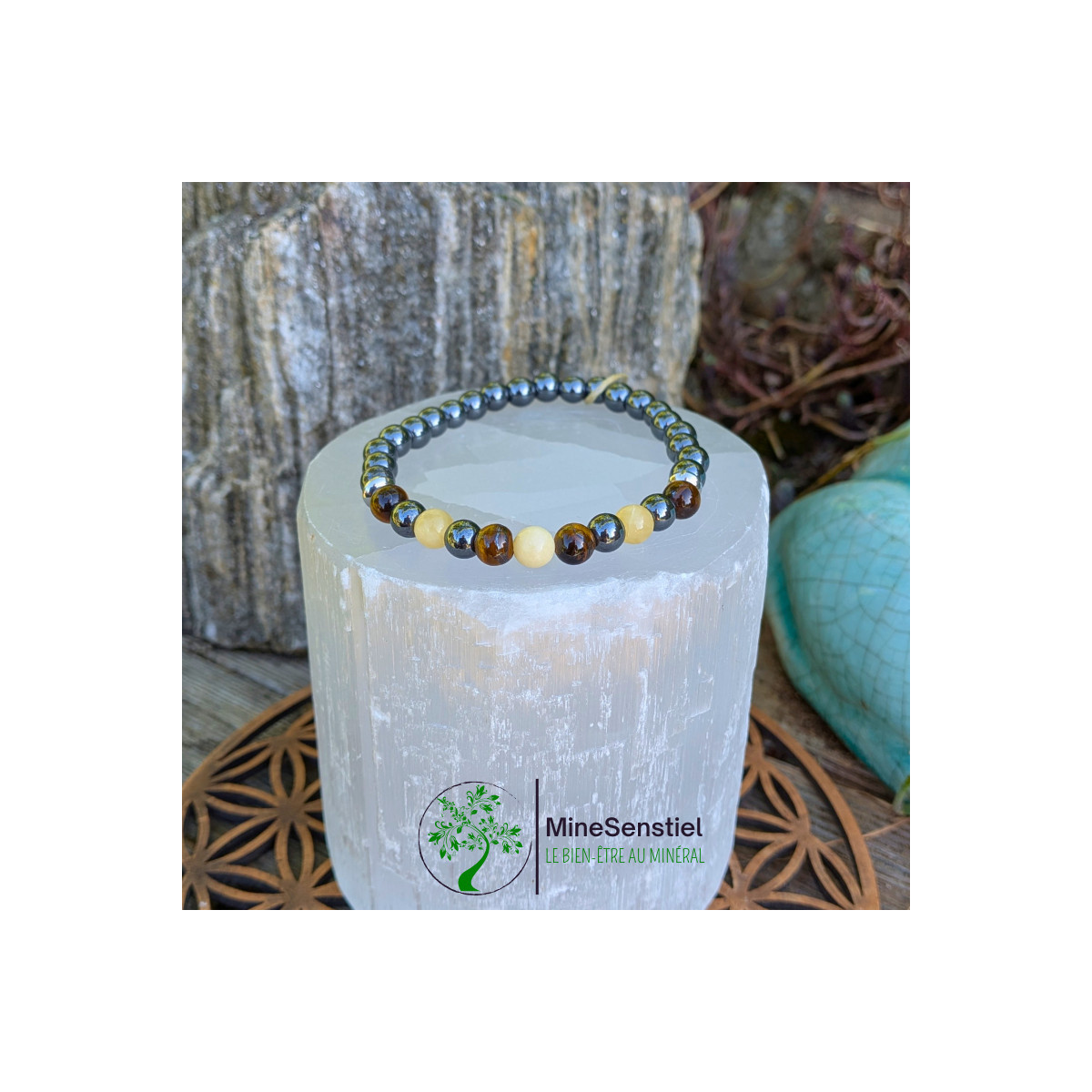 Bracelet chakra plexus solaire en calcite jaune, œil de tigre et hématite - vue de face