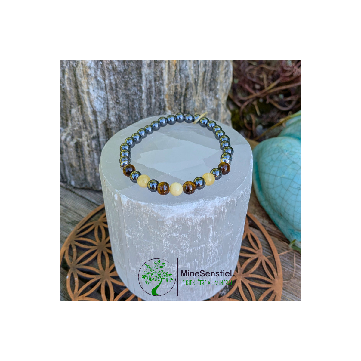 Bracelet chakra plexus solaire en calcite jaune, œil de tigre et hématite - vue de haut