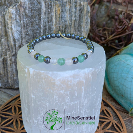 Bracelet chakra cœur en quartz rose, aventurine verte et hématite - vue de face