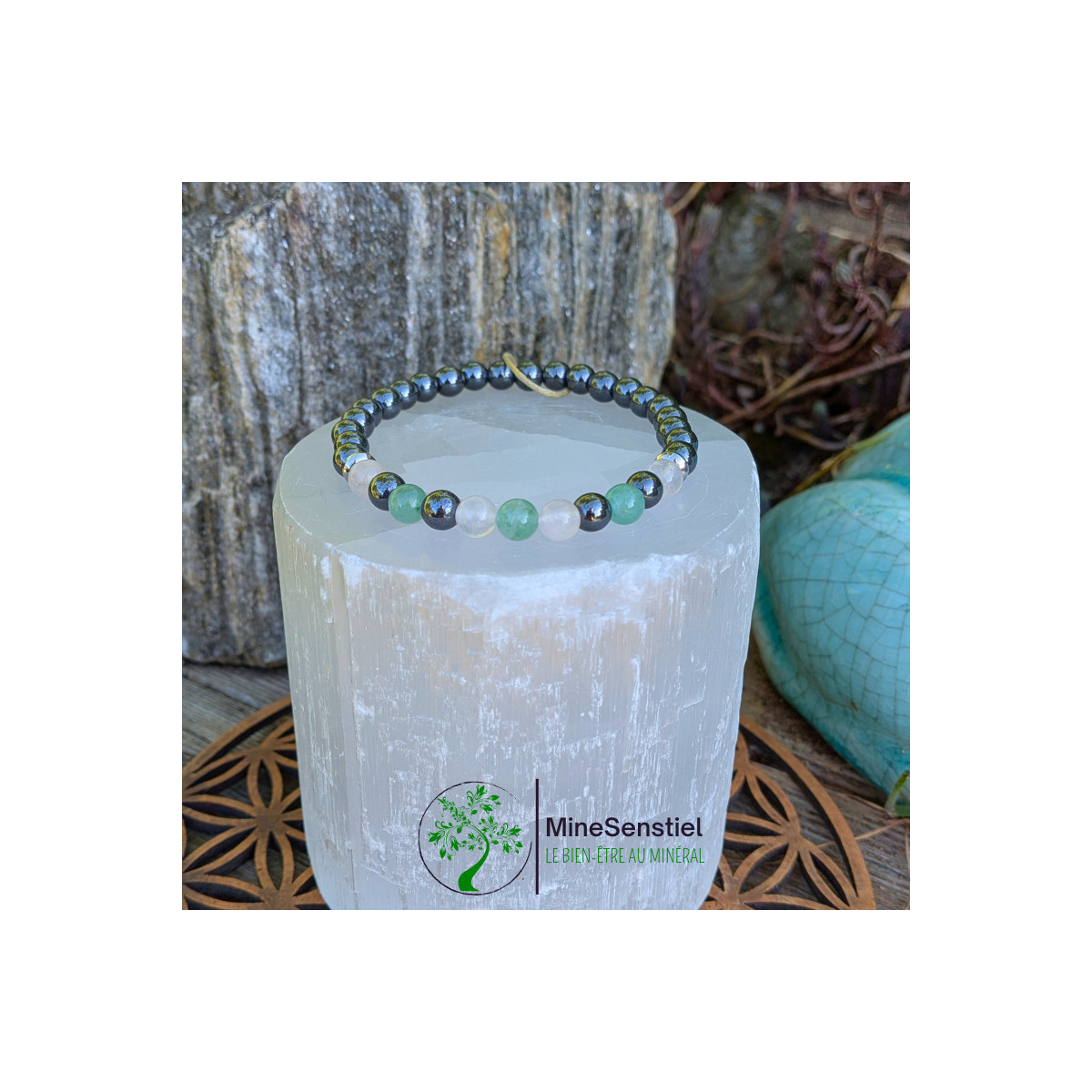 Bracelet chakra cœur en quartz rose, aventurine verte et hématite - vue de face
