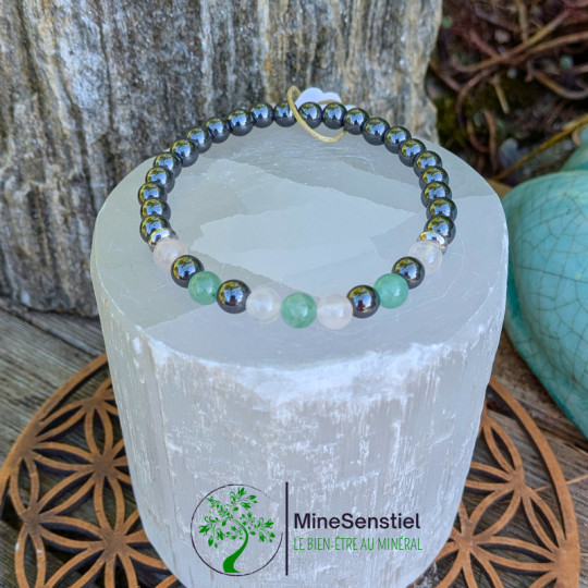 Bracelet chakra cœur en quartz rose, aventurine verte et hématite - vue de haut