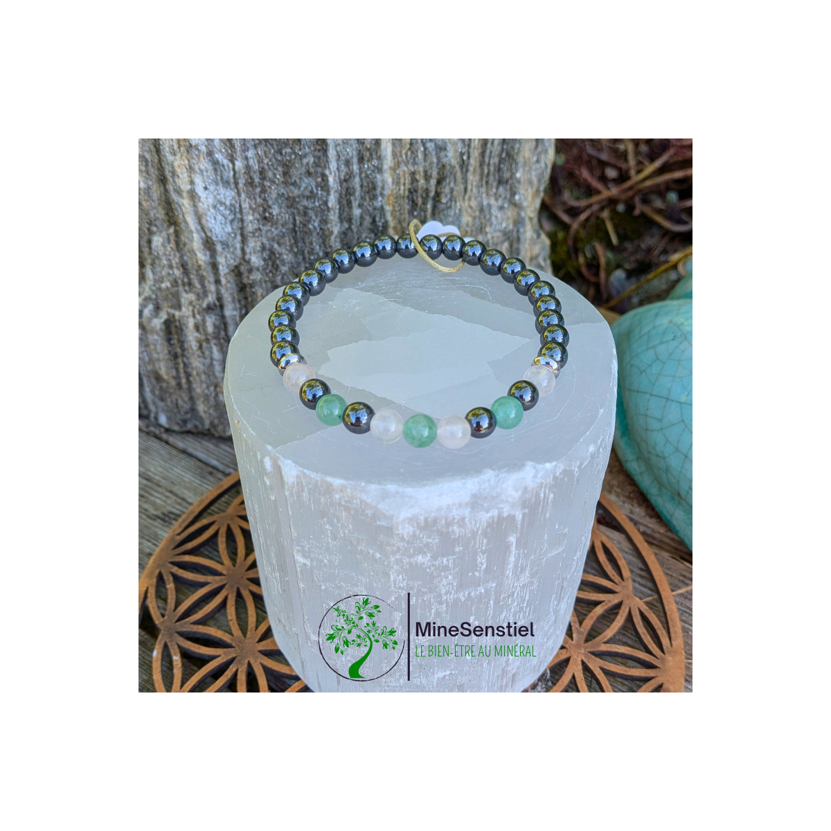 Bracelet chakra cœur en quartz rose, aventurine verte et hématite - vue de haut