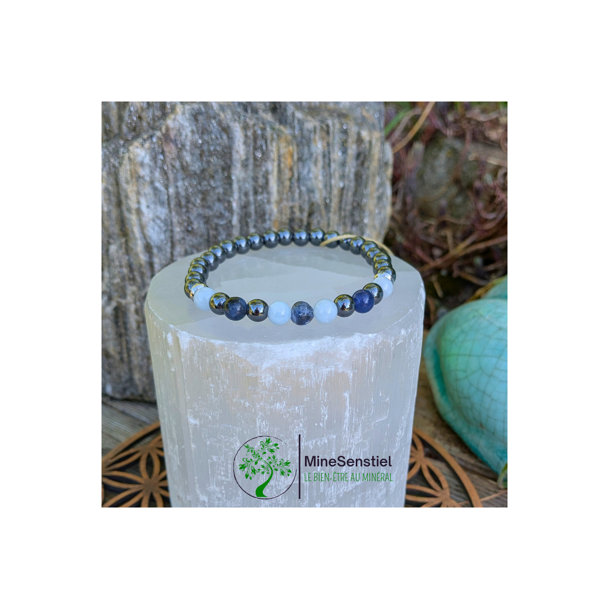 Bracelet chakra gorge en sodalite, aigue-marine et hématite - vue de face