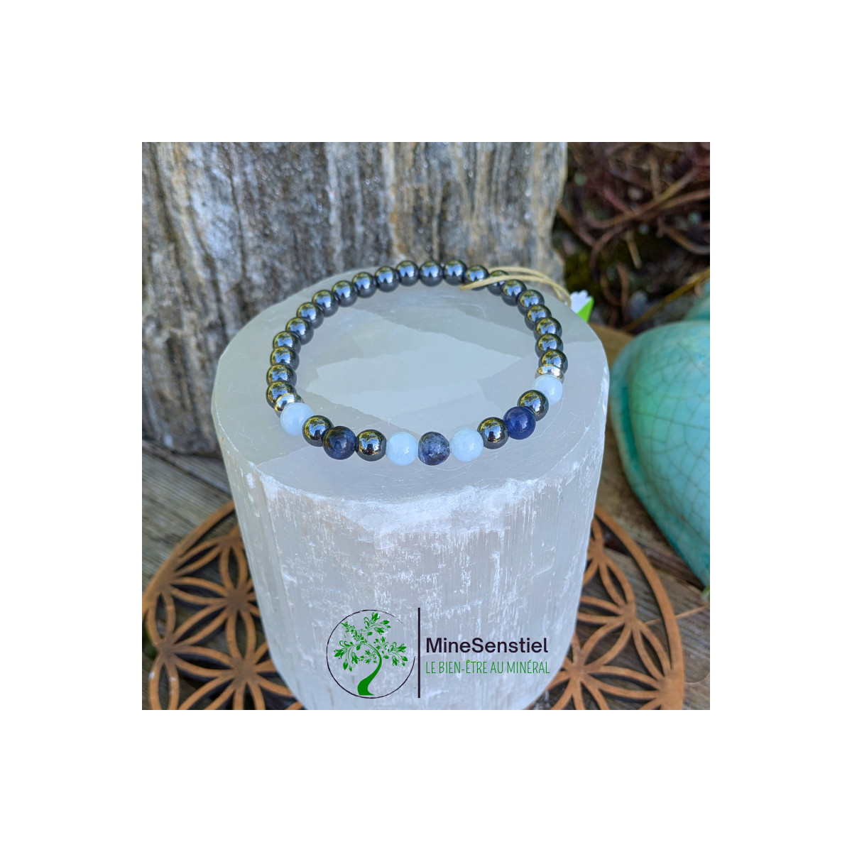 Bracelet chakra gorge en sodalite, aigue-marine et hématite - vue de haut
