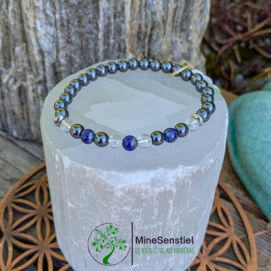 Bracelet chakra 3e œil en lapis-lazuli, cristal de roche et hématite - vue de haut