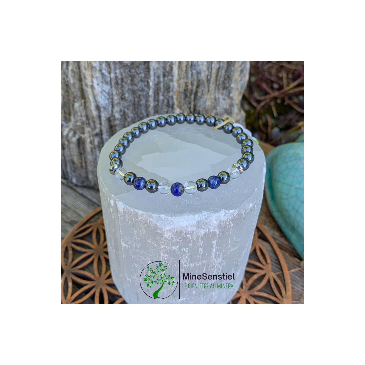Bracelet chakra 3e œil en lapis-lazuli, cristal de roche et hématite - vue de haut