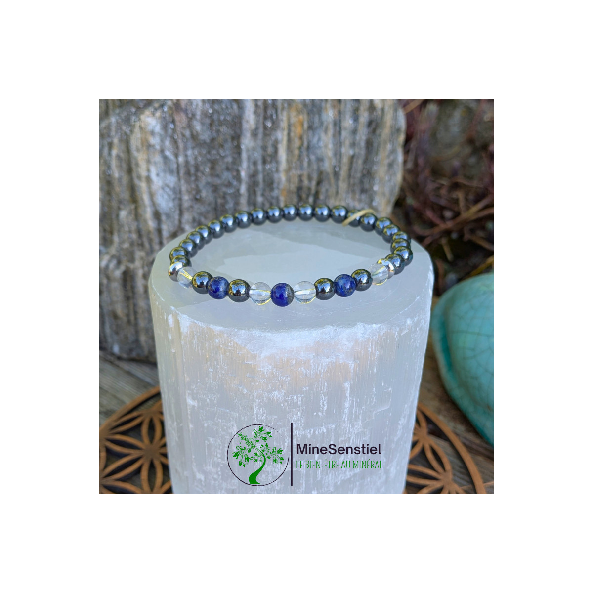 Bracelet chakra 3e œil en lapis-lazuli, cristal de roche et hématite - vue de face