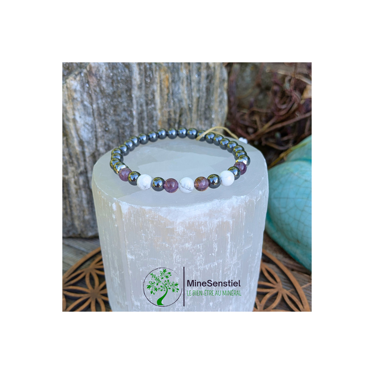 Bracelet chakra coronal en améthyste, howlite et hématite - vue de face