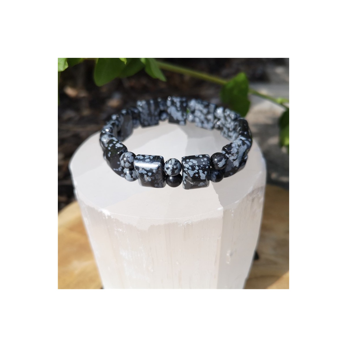Bracelet obsdienne flocon de neige demi rond