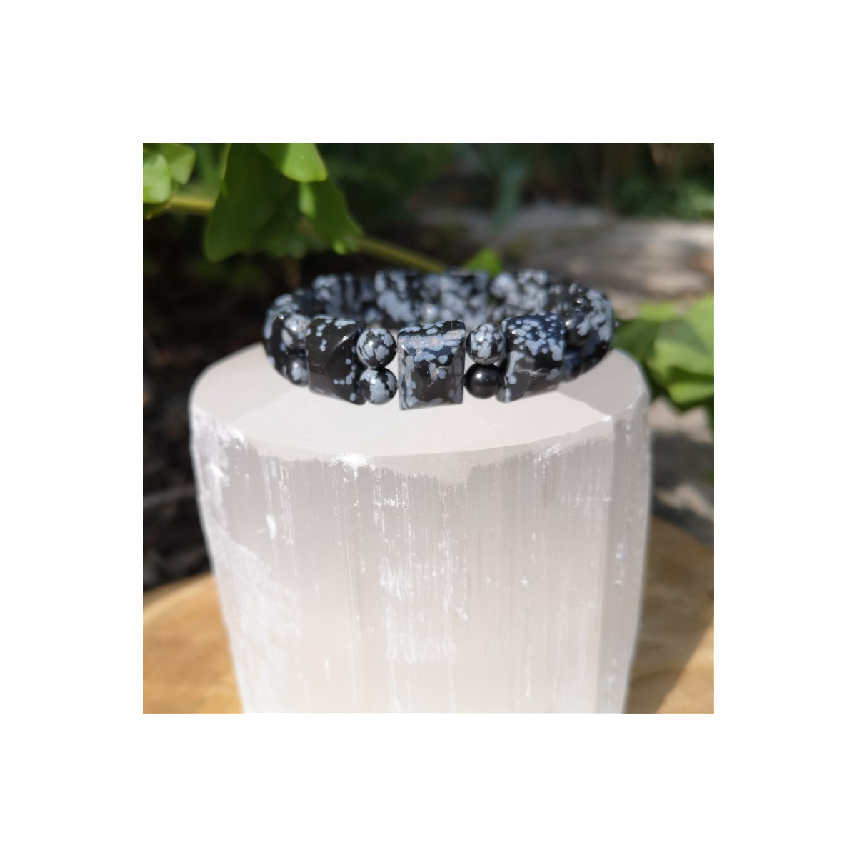 Bracelet obsdienne flocon de neige demi rond