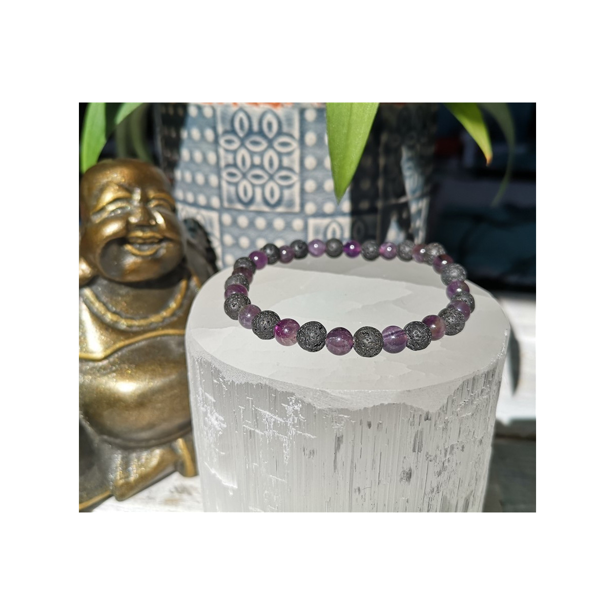 bracelet améthyste et pierre de lave 6mm
