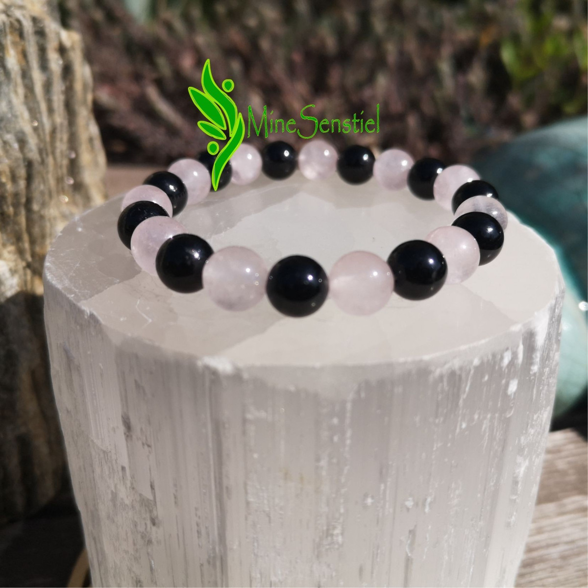 Bracelet quartz rose et tourmaline noire 8mm