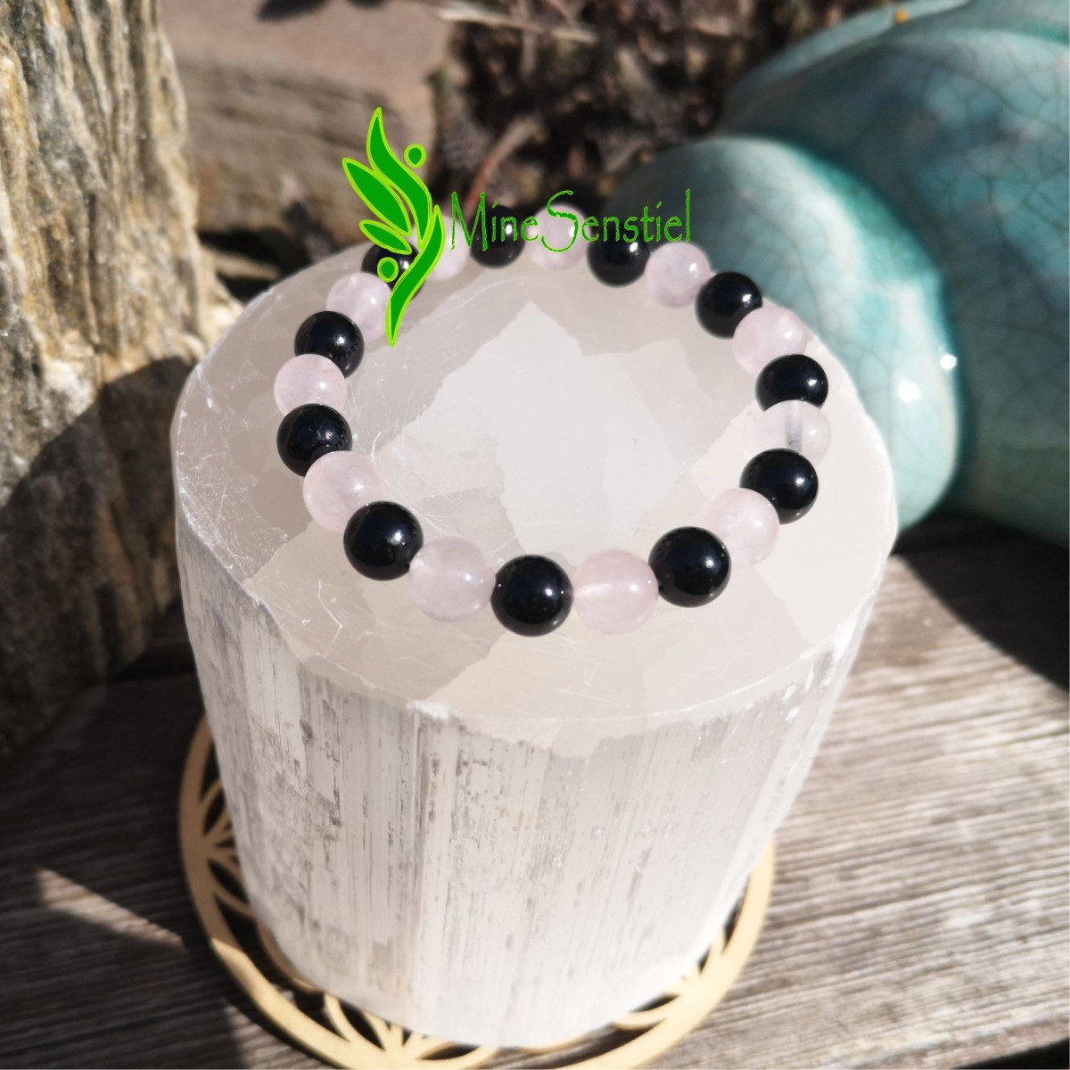 Bracelet quartz rose et tourmaline noire