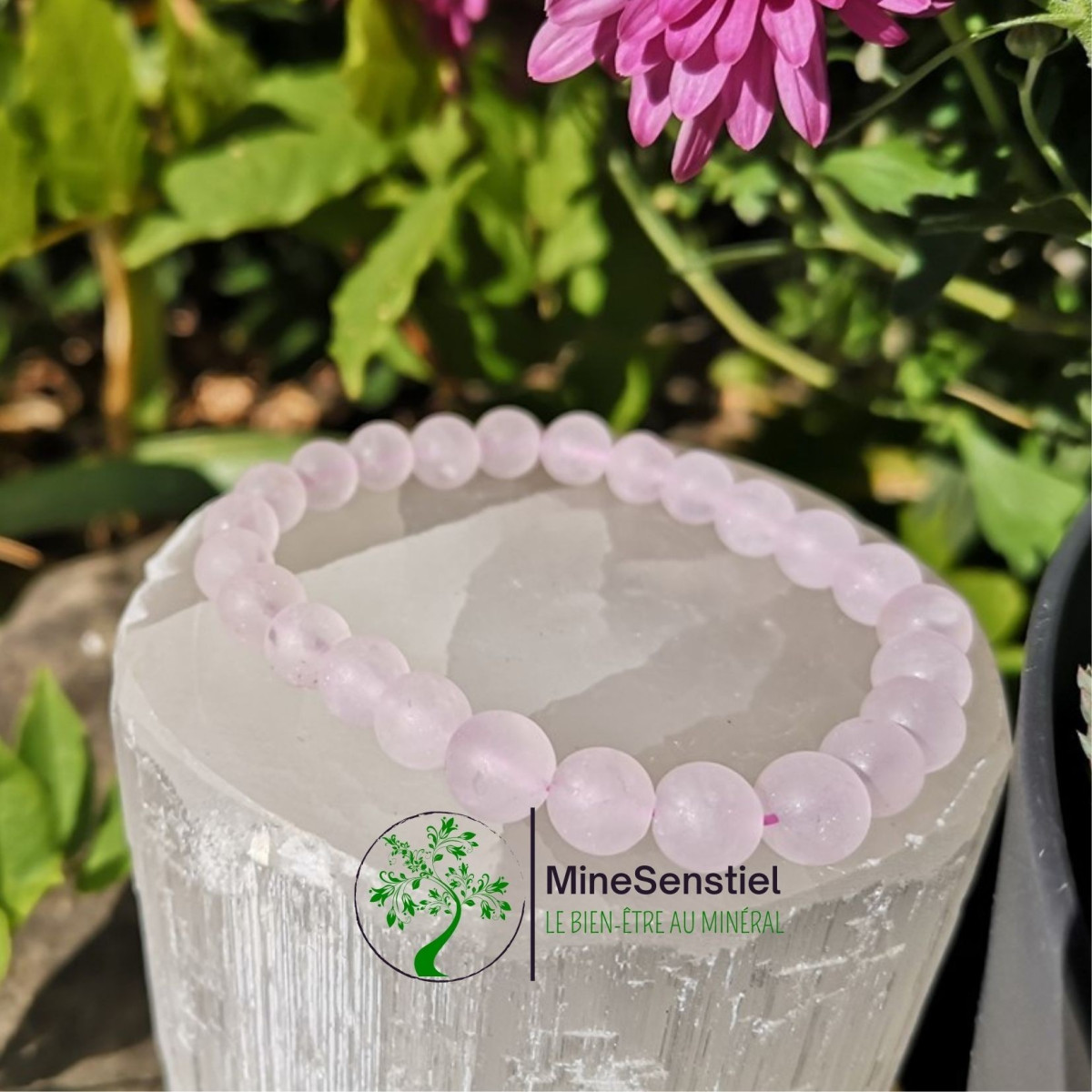 bracelet quartz rose perle 8mm mat