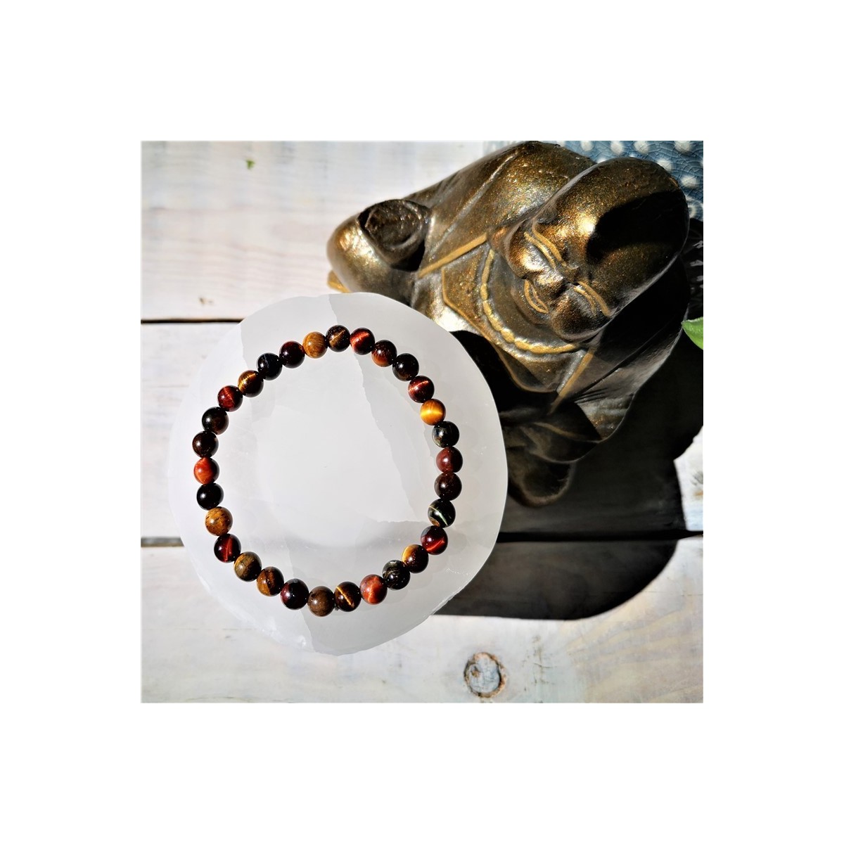 bracelet 3 yeux oeil de tigre, taureau et faucon 6mm sélénite