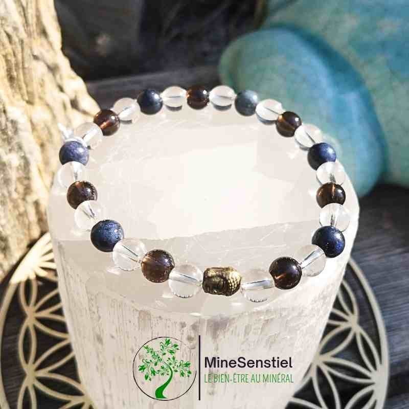 Bracelet homme dumortiérite, cristal de roche et quartz fumé