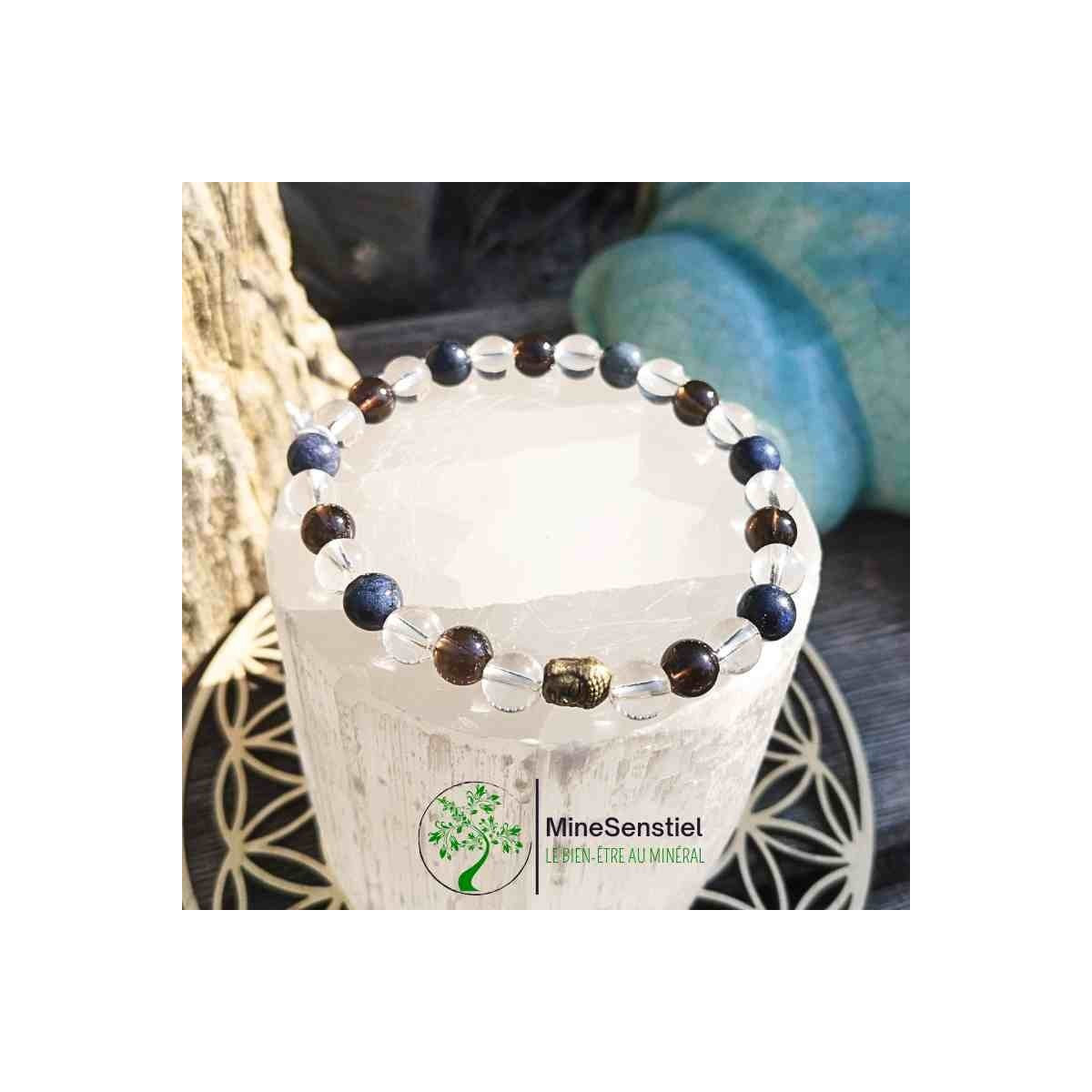 Bracelet homme dumortiérite, cristal de roche et quartz fumé